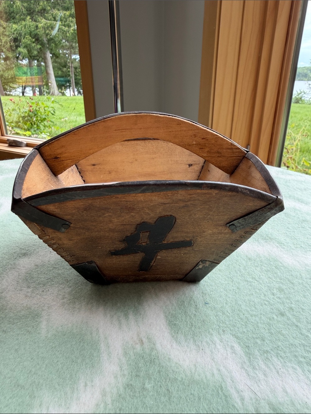 Antique Chinese Wooden Rice Bucket with iron and dovetail joints - brown tan